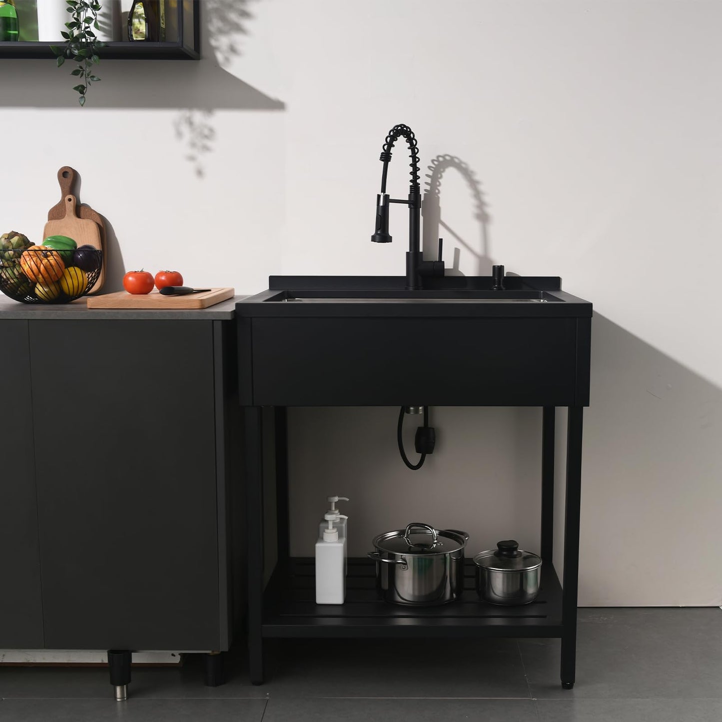 Bokaiya Black Stainless Steel Utility Sink Free Standing, Large Freestanding Laundry Sink with Faucet 16 Gauge Single Bowl Outdoor Commercial Sinks for Restaurant Garage (30.7" x 21.6" x 35")
