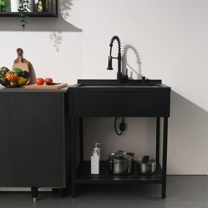 Bokaiya Black Stainless Steel Utility Sink Free Standing, Large Freestanding Laundry Sink with Faucet 16 Gauge Single Bowl Outdoor Commercial Sinks for Restaurant Garage (30.7" x 21.6" x 35")