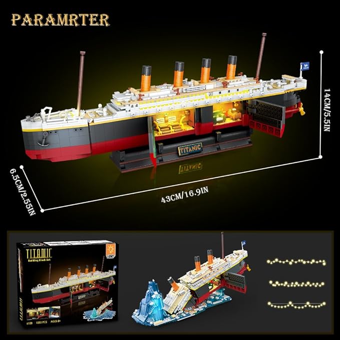 Titanic Building Set with Light 2 in 1 Titanic Ship 3.6mm Mini Building Block 1883 PCS Ship Model with Glacier Display Stand Building Brick Toy Gift for Adults Teens Boys Girls 10 11 12+