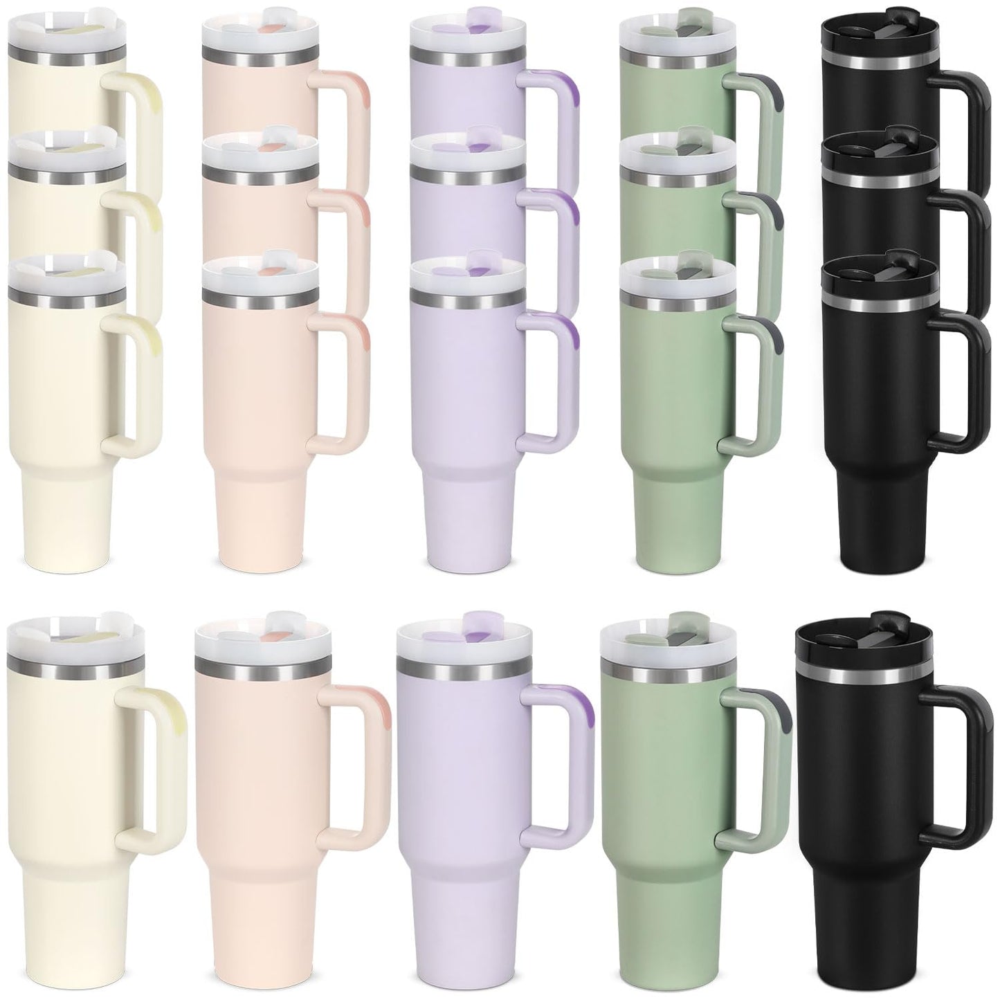 15 Pack 40 Oz Tumbler with Handle and Straw Bulk, 40 Oz Tumbler Stainless Steel Vacuum Insulation Keep Hot and Cold, 40 Oz Travel Coffee Mug with Silicone Spill Proof Stopper Set, Individually Boxed