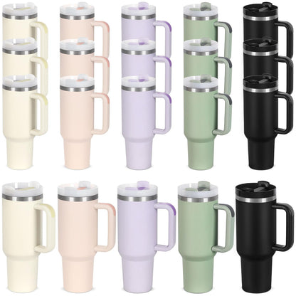 15 Pack 40 Oz Tumbler with Handle and Straw Bulk, 40 Oz Tumbler Stainless Steel Vacuum Insulation Keep Hot and Cold, 40 Oz Travel Coffee Mug with Silicone Spill Proof Stopper Set, Individually Boxed