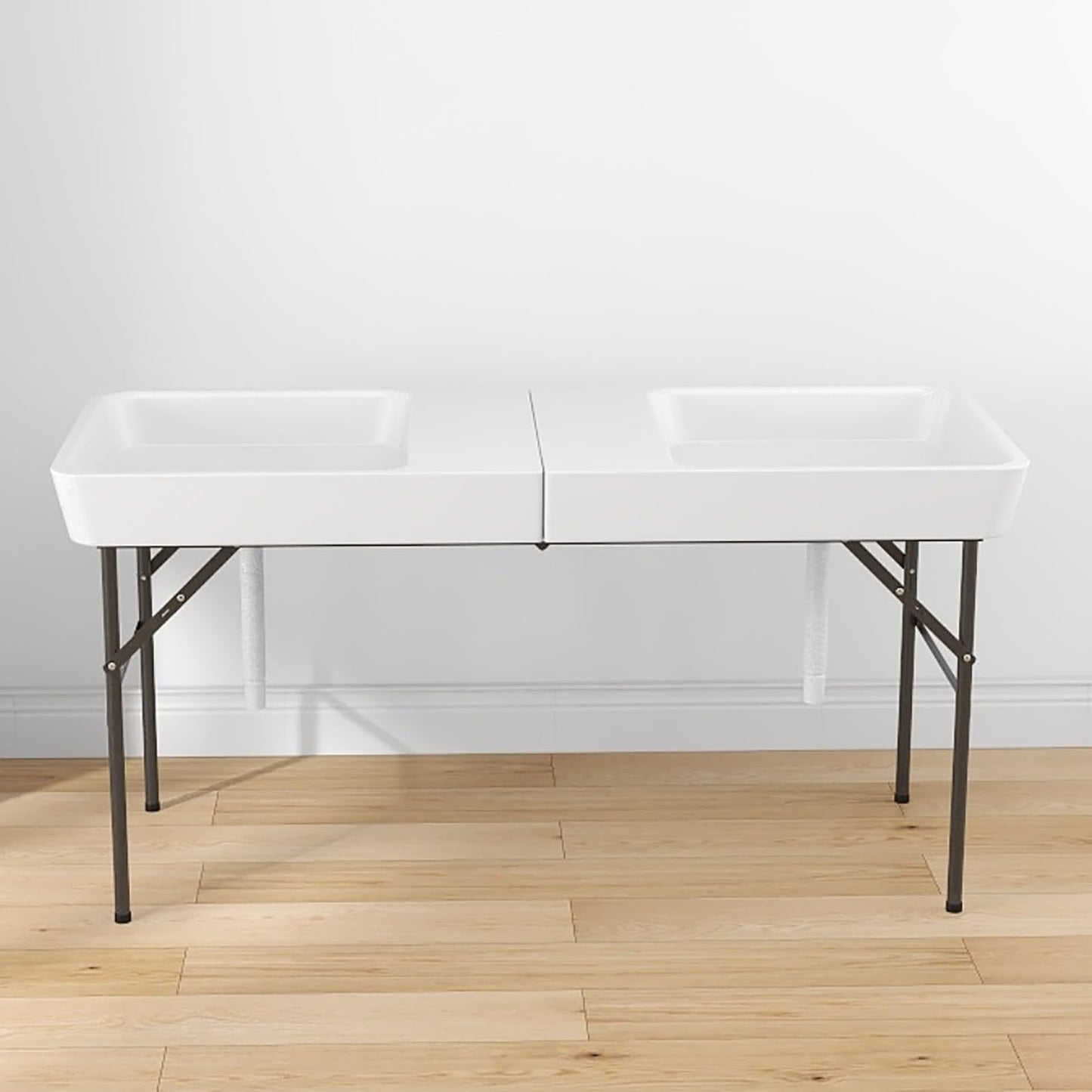Giantex 5 FT Folding Ice Table with Double Sinks and Drains, Portable Ice Cooler Table with Removable Skirt, No Assembly, Foldable in Half, Fill and Chill Stand for Party Camping BBQ Wedding, White