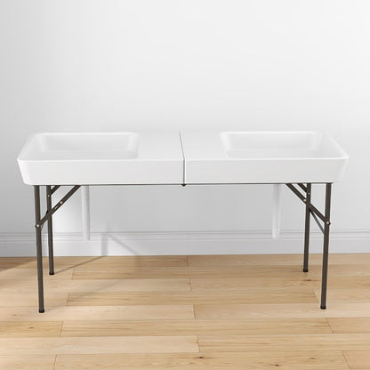 Giantex 5 FT Folding Ice Table with Double Sinks and Drains, Portable Ice Cooler Table with Removable Skirt, No Assembly, Foldable in Half, Fill and Chill Stand for Party Camping BBQ Wedding, White