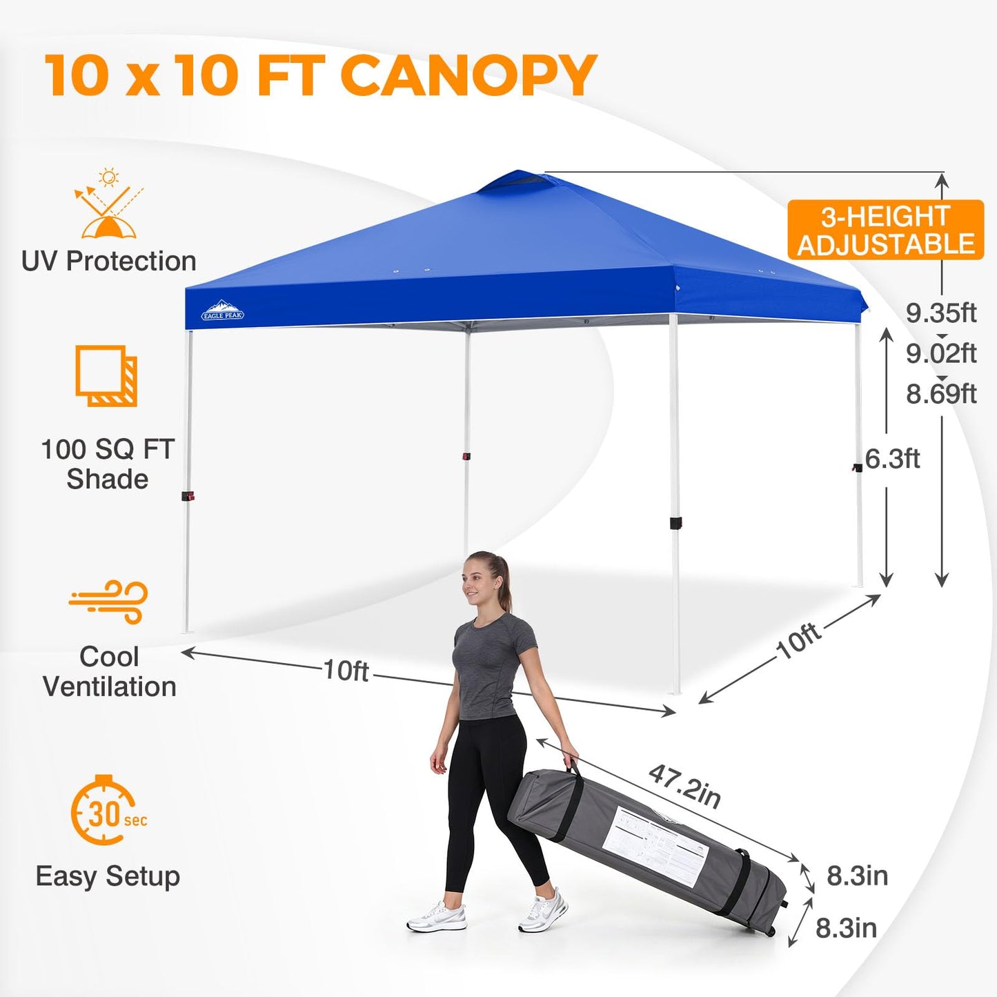EAGLE PEAK Pop Up Canopy Tent with Wheeled Carry Bag, 8 Stakes, 4 Ropes, 4 Weight Bags, Easy Set Up Tent Canopy, 10x10 ft, 100sqft of Shade, Blue