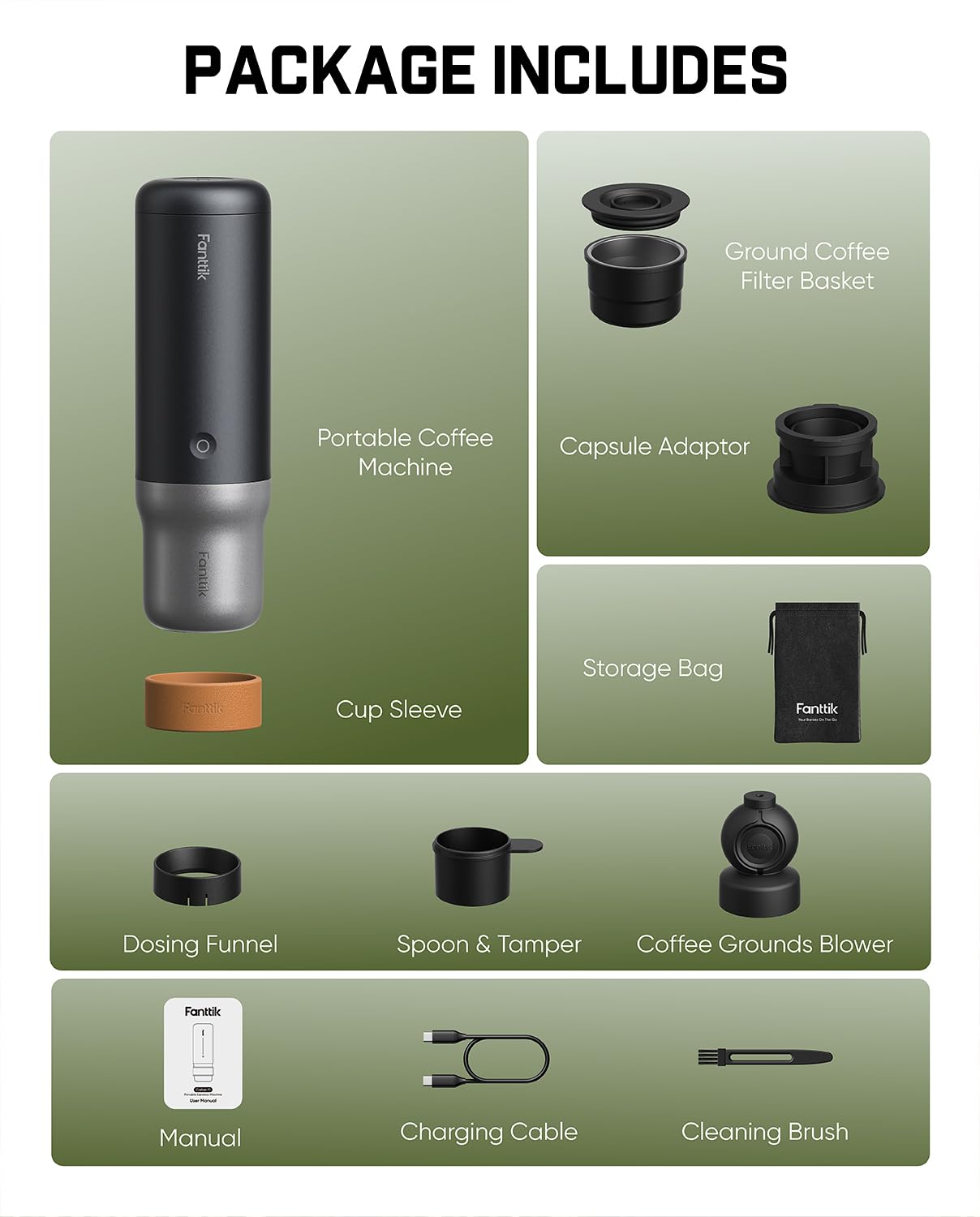 Fanttik Cafein 11 Portable Coffee Machine, Self-Heating Electric Espresso Machine with USB-C, 20 Bar Coffee Maker for Travel, Hiking, Gym and Office, Ideal for Dad
