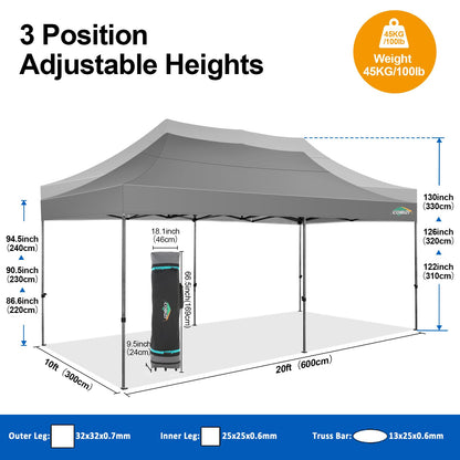 COBIZI 10x20 Pop up Canopy Tent 10x20 Canopy with 6 Sidewalls Waterproof Heavy Duty Commercial Tent for Parties Outdoor Garden Gazebo, Carry Bag with Wheel(10x20ft, Gray)