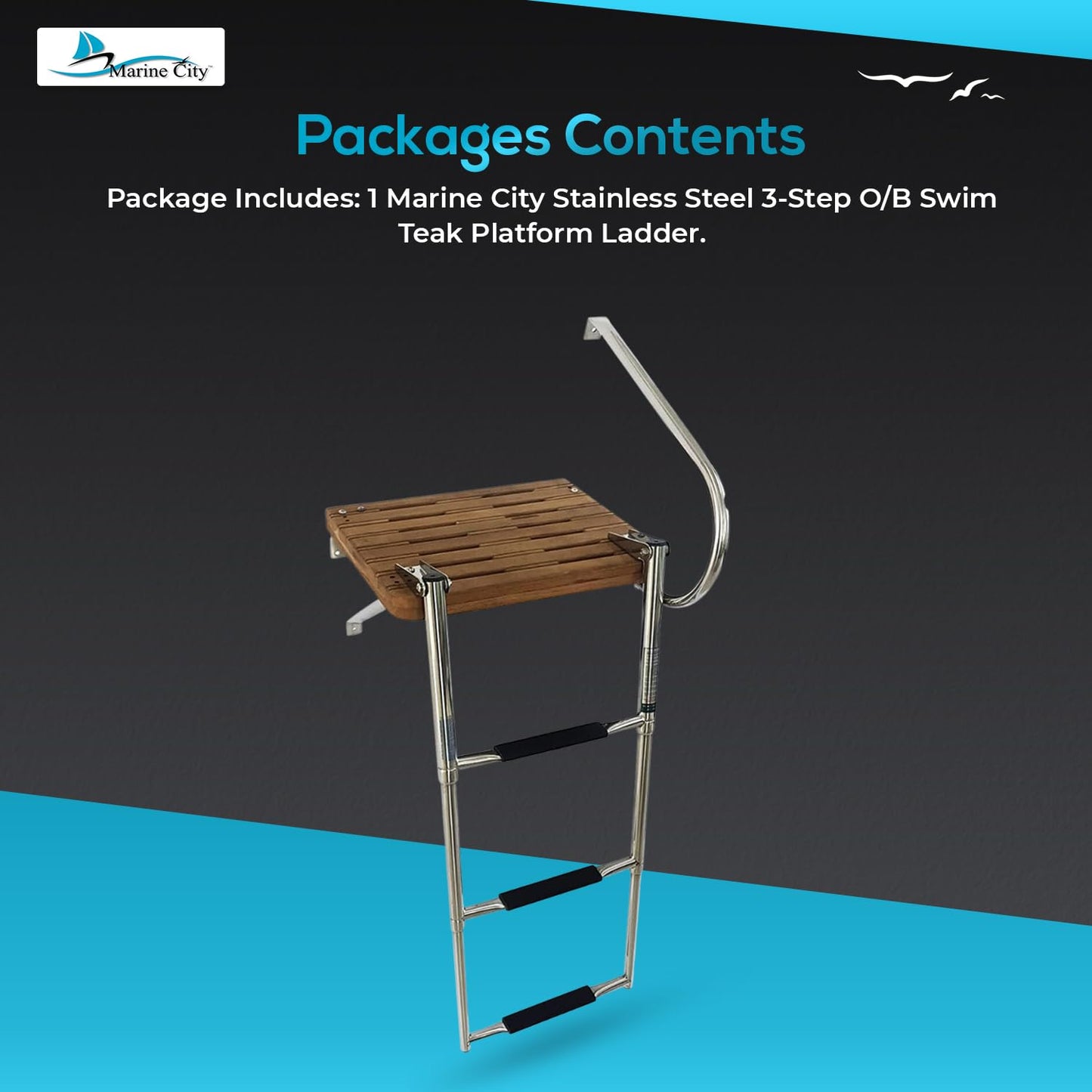MARINE CITY Stainless Steel Swim Teak Platform Boat Ladder, Low Maintenance Ideal for Marines, Boats, Ships, Yachts (Teak O/B (3 Steps))
