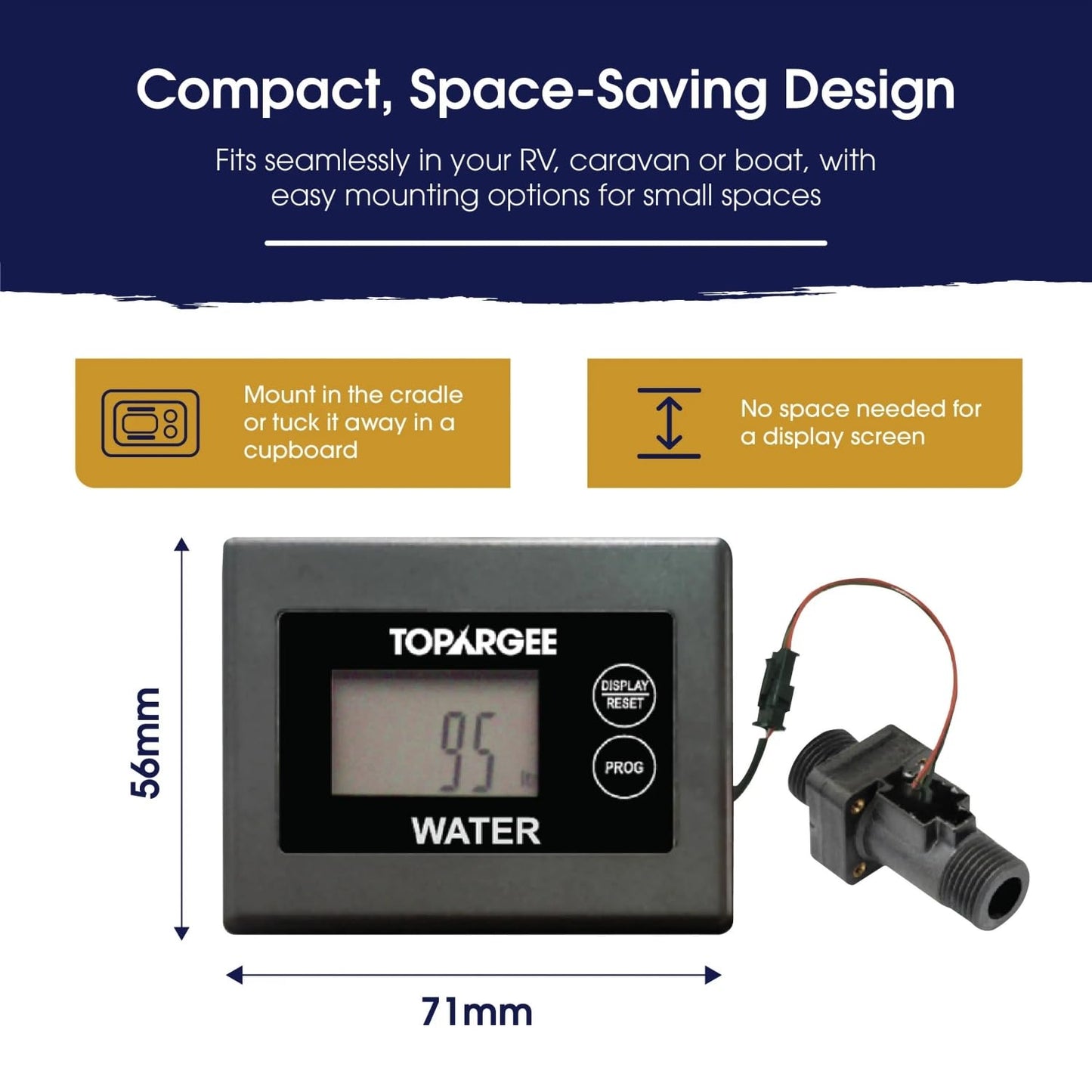 Topargee Surface Mount Water Tank Gauge - Real-Time RV, Caravan & Boat Accessory - Accurate RV Water Tank Level Indicator - Tracks Flow (Liters/Gallons), No Drilling, Compact Display, Battery Powered