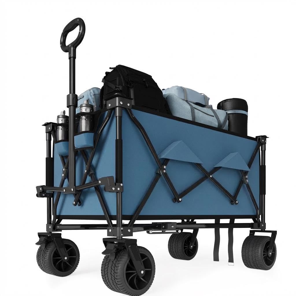 Collapsible Wagons Carts with Wheels, 350 LB Capacity & 280 L, Foldable Portable Camping Wagon with Flexible Handle & Cup Holders, Heavy Duty Grocery Cart for Beach Shopping Garden, Blue