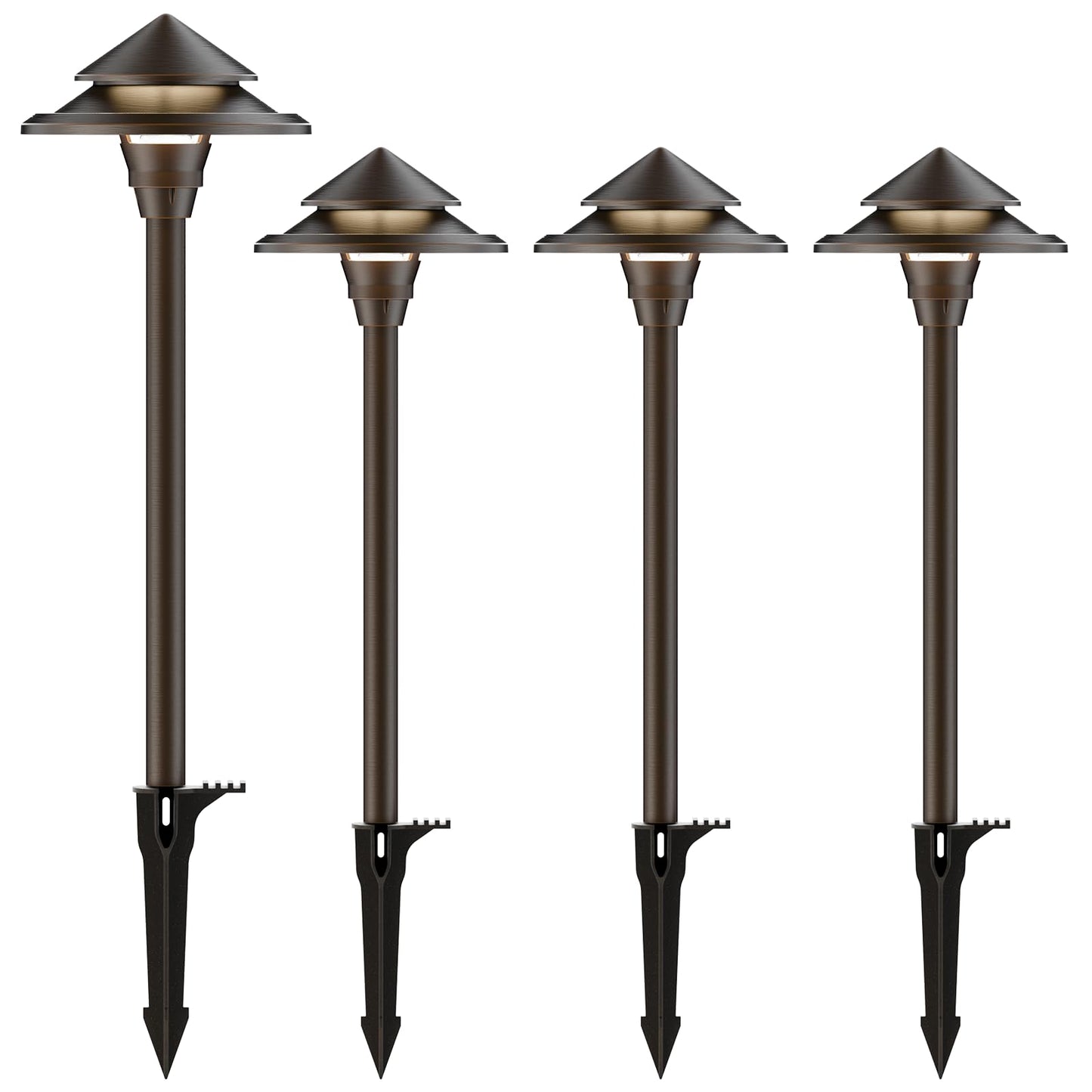 GOODSMANN Low Voltage Landscape Lighting 4PK LED Path Lights Oil Rubbed Bronze 4W 32 Lumen Hardwired 2 Tier Pagoda Landscape Pathway Lights 3000K Warm White Metal Stakes Cable Connectors