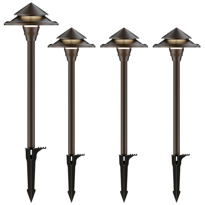 GOODSMANN Low Voltage Landscape Lighting 4PK LED Path Lights Oil Rubbed Bronze 4W 32 Lumen Hardwired 2 Tier Pagoda Landscape Pathway Lights 3000K Warm White Metal Stakes Cable Connectors