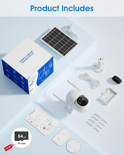 SANSCO 4G LTE Cellular Solar Security Camera, Lifetime Free Unlimited Data, No Monthly Fee, No WiFi Wireless Outdoor Cam, 2K Color Night Vision, 360° PTZ, 2-Way Audio, Built-in SIM, 64G TF Card, TUYA