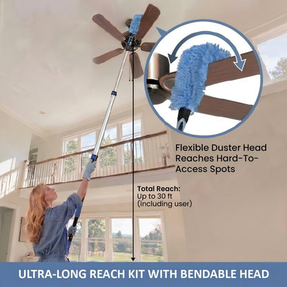 30ft High Ceiling Duster Kits with 5-24ft Heavy Duty Extension Pole - Fan Blade Cleaner, Cobweb Remover & Blue Window Squeegee Kit, Washable Dust Brush for High Roof and Glass Surfaces