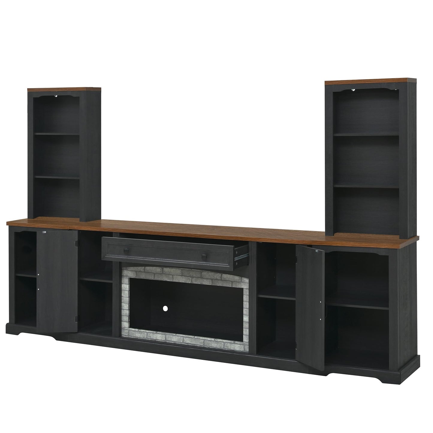 Merax 3-Piece TV Stand Set for TVs up to 70", Farmhouse Entertainment Center with Curved Side Cabinets & Bookshelves, Modular Storage Unit with Drawer and Adjustable Shelves for Living Room, Black