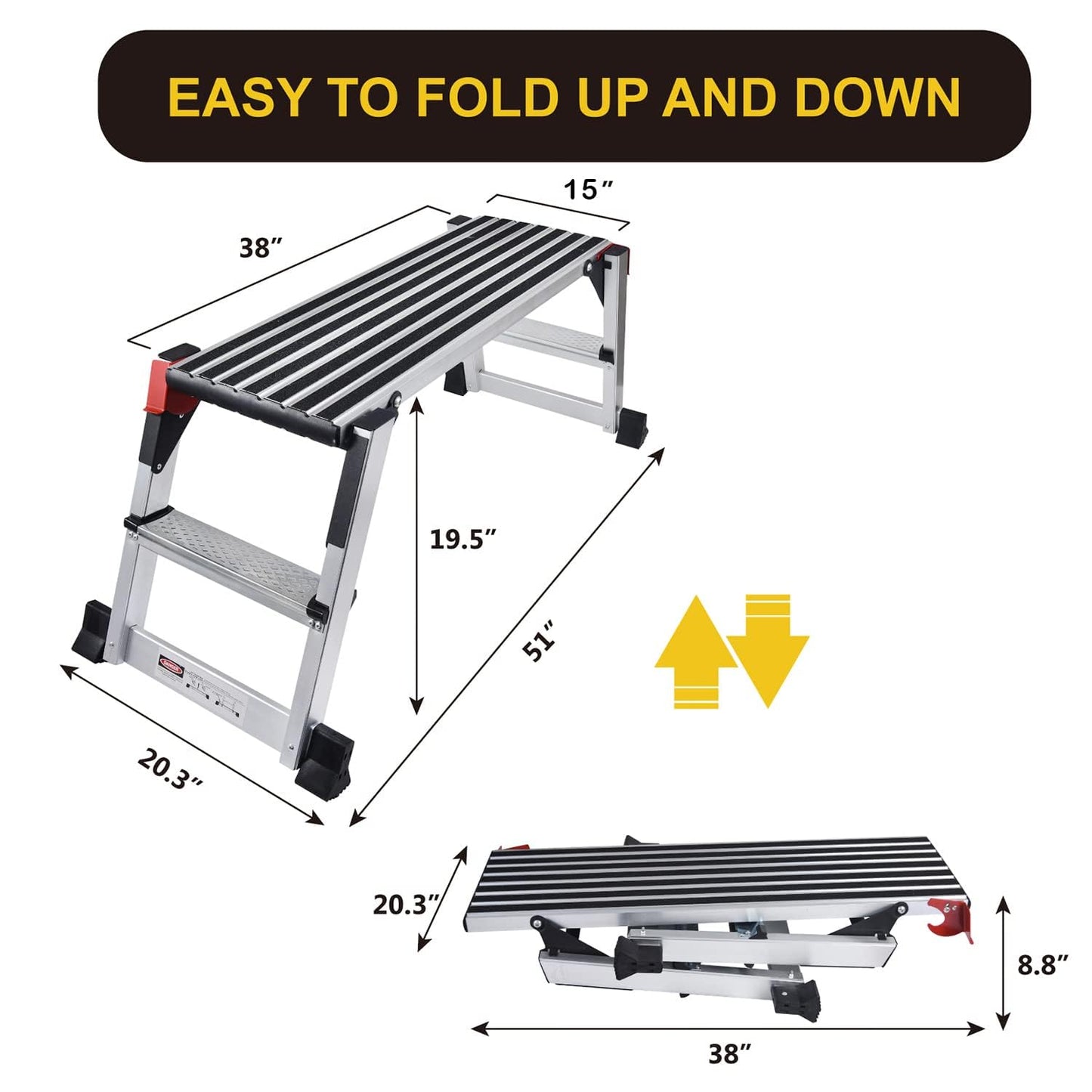 Aluminum Work Platform Large Size Step Stool Folding Portable Work Bench with Non-Slip Mat Capacity 660 LBS Heavy Duty 38" l X 15" w/660lbs
