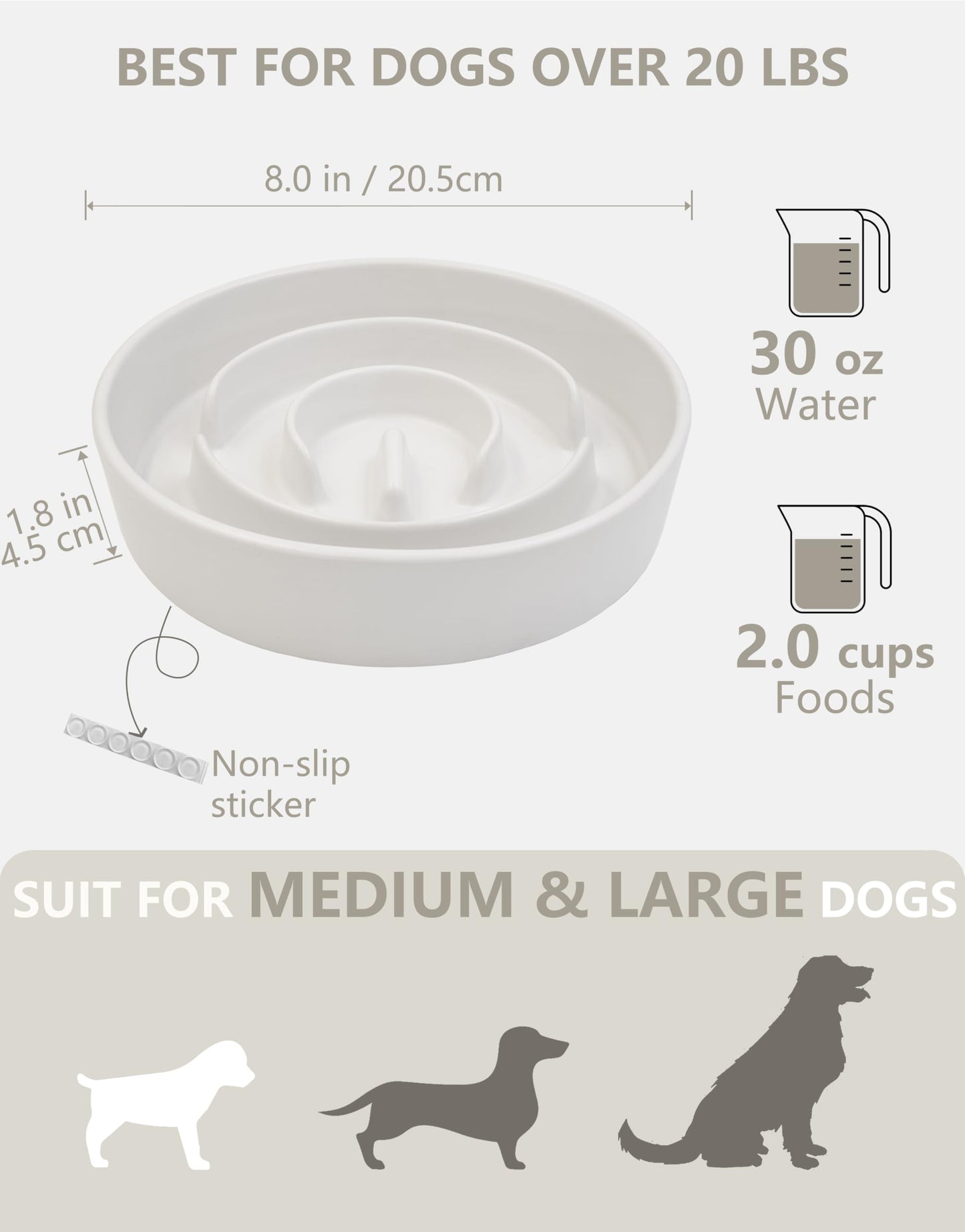MOPANG Ceramic Slow Feeder Dog Bowls, 2.0 Cups Slow Feeder for Medium and Large Dogs, Puzzle Maze Bowl to Slow Down Eating, 30oz, 8in, White