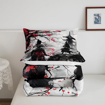Feelyou Japanese Samurai Comforter Set Queen Size Kids Ukiyoe Comforter for Boys Girls Cherry Blossoms Bedding Set Japanese-Style Duvet Set