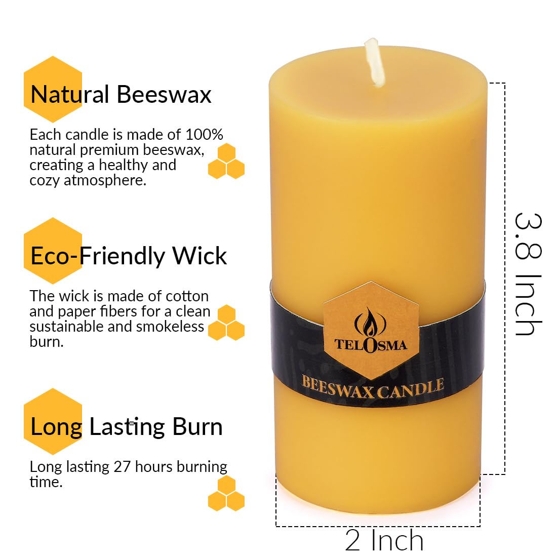 3 Pack Natural Beeswax Pillar Candle 2x4 inch, Smokeless and Long Lasting (22-27 Hours) Pure Beeswax Candle, Natural Unscented, Yellow