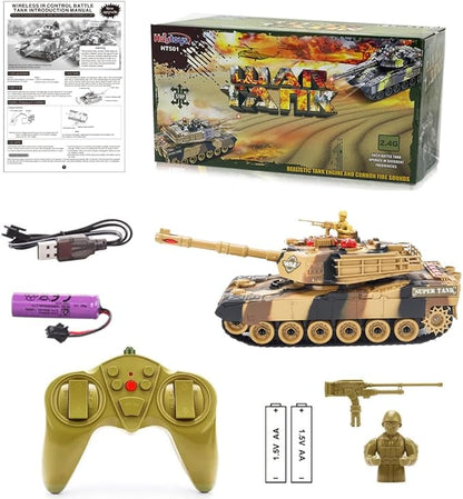 Haktoys RC Battle Tank – 1:24 Scale Remote Control Military Toy with Infrared Shooting Rotating Turret Realistic Lights &amp Sounds | Radio Control Army Tank for Kids &amp Adults