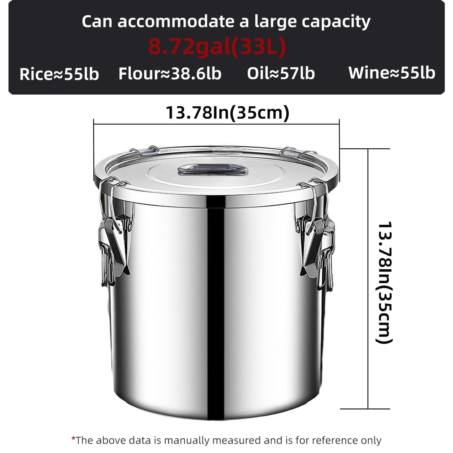 Verdeho 304 stainless steel food storage containers with lids lock clips airtight container large airtight for rice flour sugar grain coffee bean storage containers Kitchen jar (8.72gal/33L)