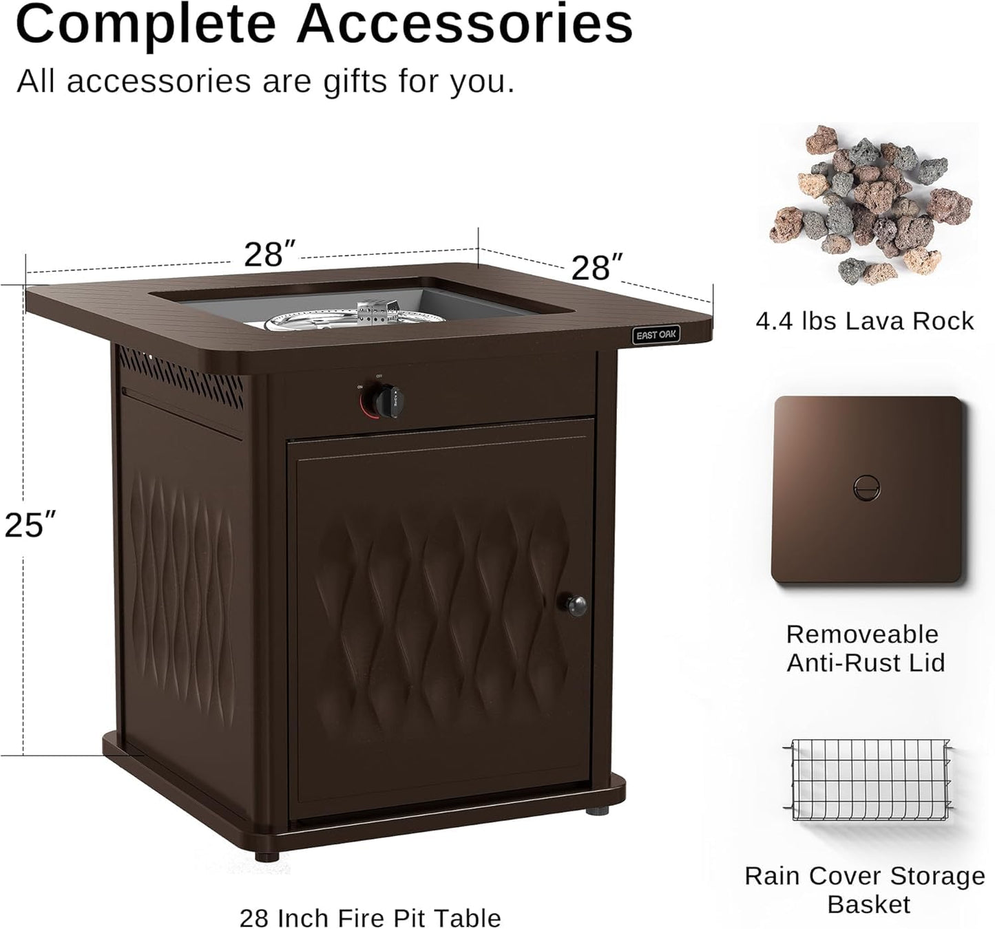 East Oak 28'' Propane Fire Pit Table, 50,000 BTU Steel Gas FirePit for Outdoor, Outside Patio Deck and Garden, CSA Certified Fire Table with Magnetic Lid, Cover-Storage Basket and Lava Rock, Brown