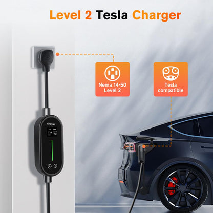 Junsun Portable Electric Car EV Charger Level 1/2 for Tesla 21ft Cable NEMA 14-50P 5-15P NACS Connector Compatible with Tesla Models X/Y/3/S