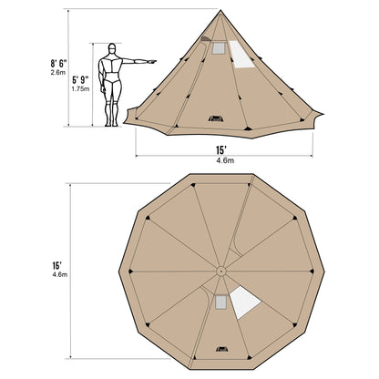 Preself 4~6 Person Tipi Hot Tent T3 XL with Screen Window, Height 8' 6" 2.6m, Diameter 15' 4.6m, for Wood Buring Stove Bushcraft Family Camping Hunting Fishing (Tent)
