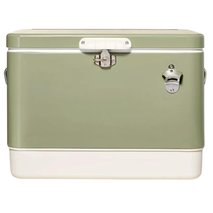 FSE Hard-Sided 54 Qt Metal Cooler, 80 Can Vintage Ice Chest, Durable Two-Tone Design with Latch Lid, Built-in Bottle Opener, Plastic Liner & Side Handles, Green/Cream