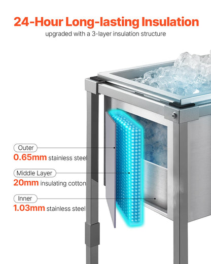 VEVOR Rolling Ice Chest Cooler Cart, Stainless Steel Cooling Bin on Wheels, 32.8 Quart Outdoor Stand Up Cooler Trolley with Shelf, for Patio Backyard Party Bar Cold Drinks(22" L x 16" W x 38" H)