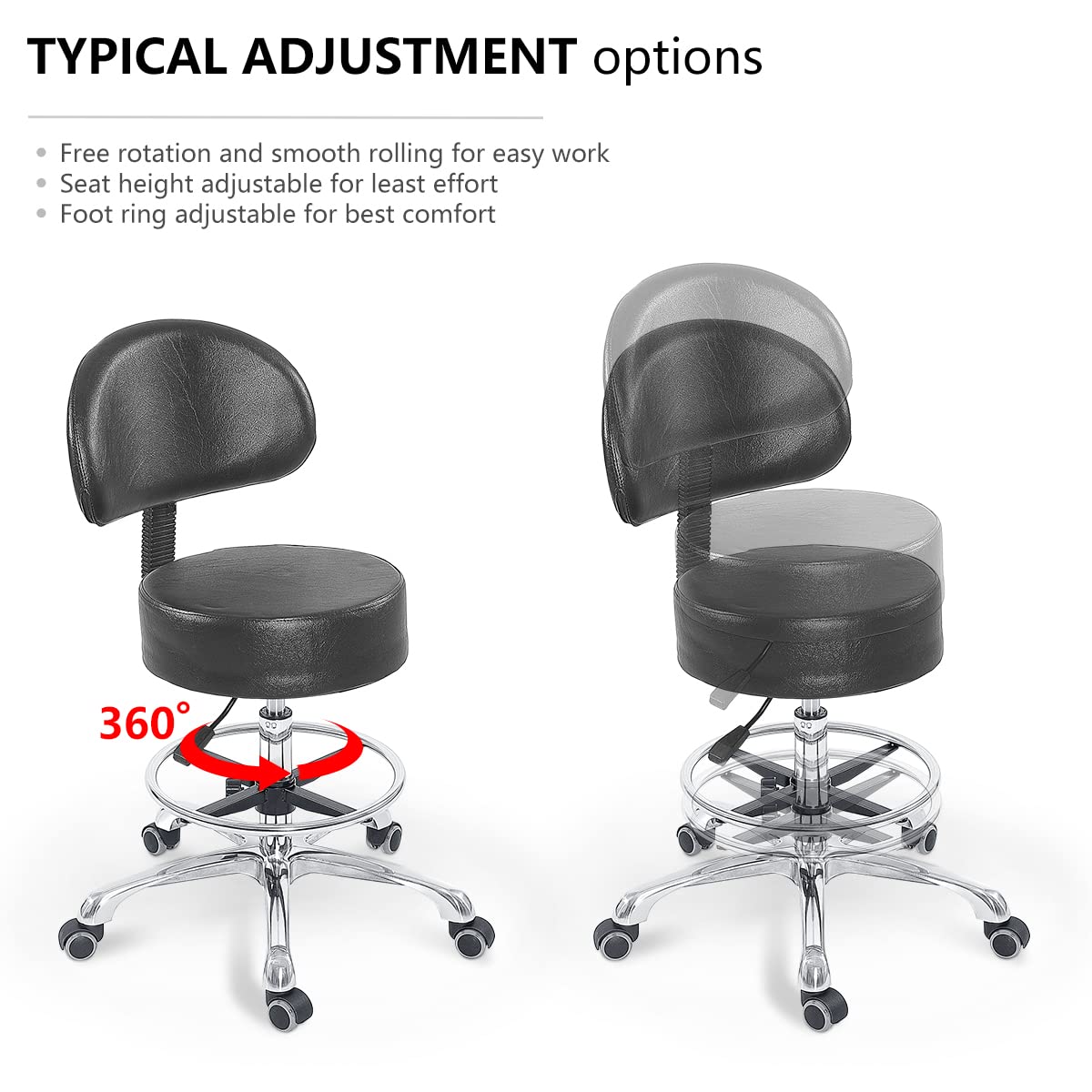 Grace&Grace Height Adjustable Swivel Rolling Stool with Back Extra Thick Seat for Ultimate Comfort for Salon, Studio, Shop, Kitchen (Black,with Foot Rest)