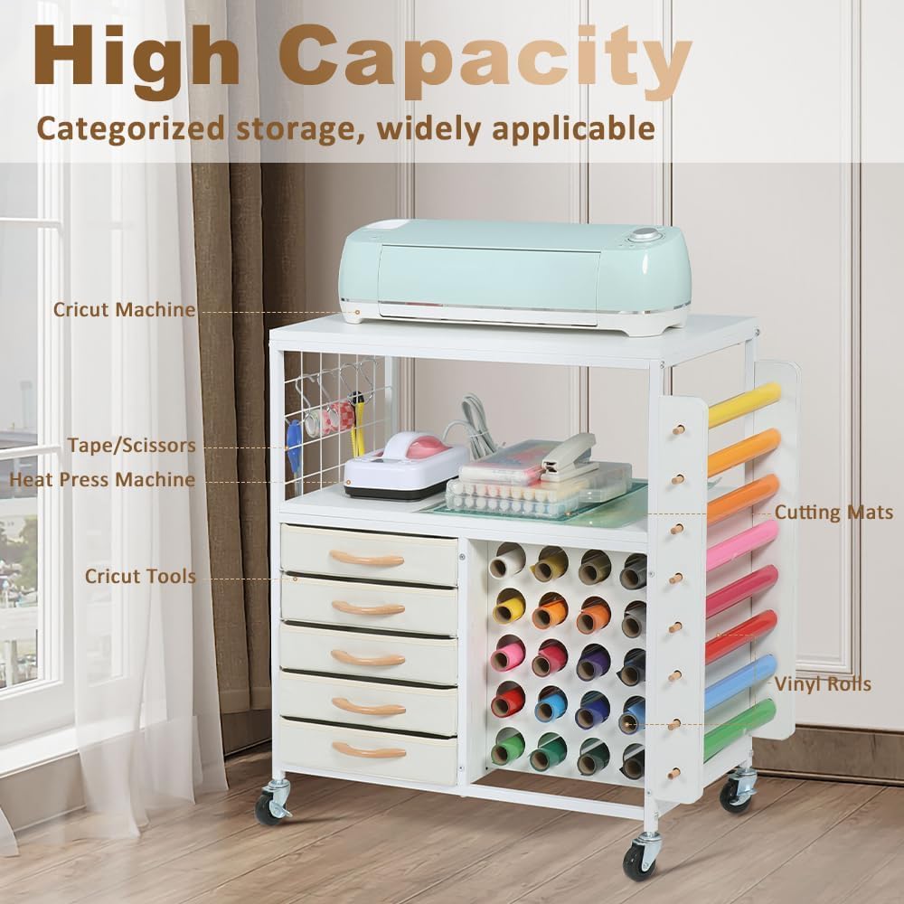 LUCKUP Organization and Storage Craft Table for Cricut Machines, Rolling Cart Cabinet with 28 Vinyl Roll Holders and 5 Drawers, Heat Press Stand Crafting Storage Cart with Hooks