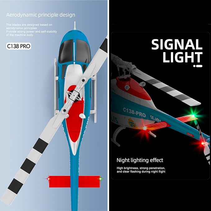 C138Pro 206 Remote Controlled Helicopter for Adults Beginners RC Heli Aileronless 6CH 6-Axis Gyroscope Air Pressure Hold Optical Flow Position Fly Upside Down 3D Rolling RTF 2Batteries
