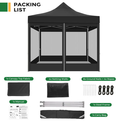 COBIZI 10x10 Heavy Duty Pop Up Canopy with 4 Mosquito Netting Wall, Easy Set Up Commercial Gazebo Party Tent, Outdoor Instant Screen Canopy for Backyard, Patio, Garden, Black