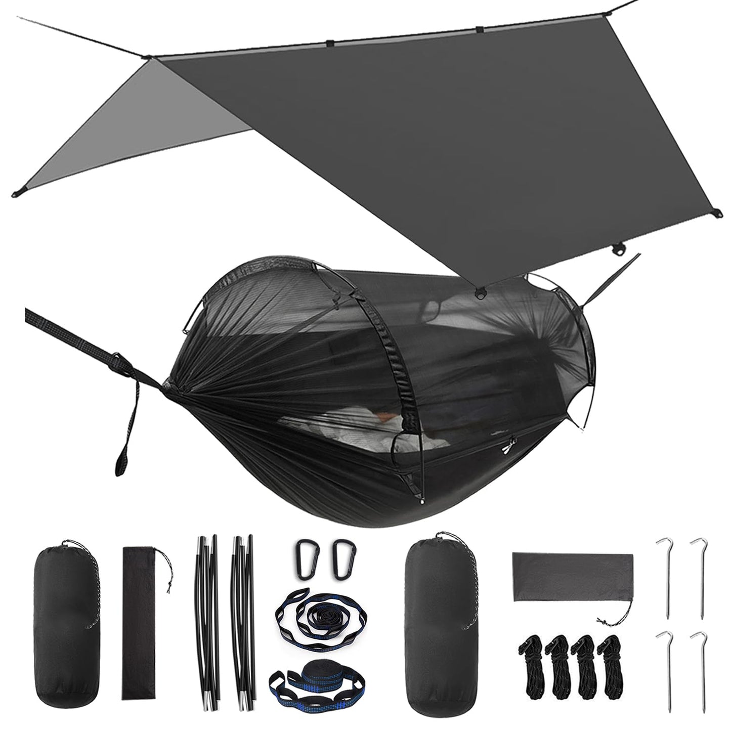 ADVOKAIR Camping Hammock with Mosquito Net and Rain Fly, Up to 500lbs, Ultralight and Portable Nylon Travel Hanging Hammock with Tree Straps, Perfect for Outside, Backpacking, Hiking and Backyard