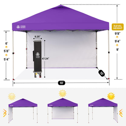 CROWN SHADES 10x10 Pop Up Canopy with 1 Side Wall - Beach Tent with One Push Setup - Outdoor Sun Shade for Events, Parties, Camping - Gazebo with STO-N-Go Cover Bag (Purple)