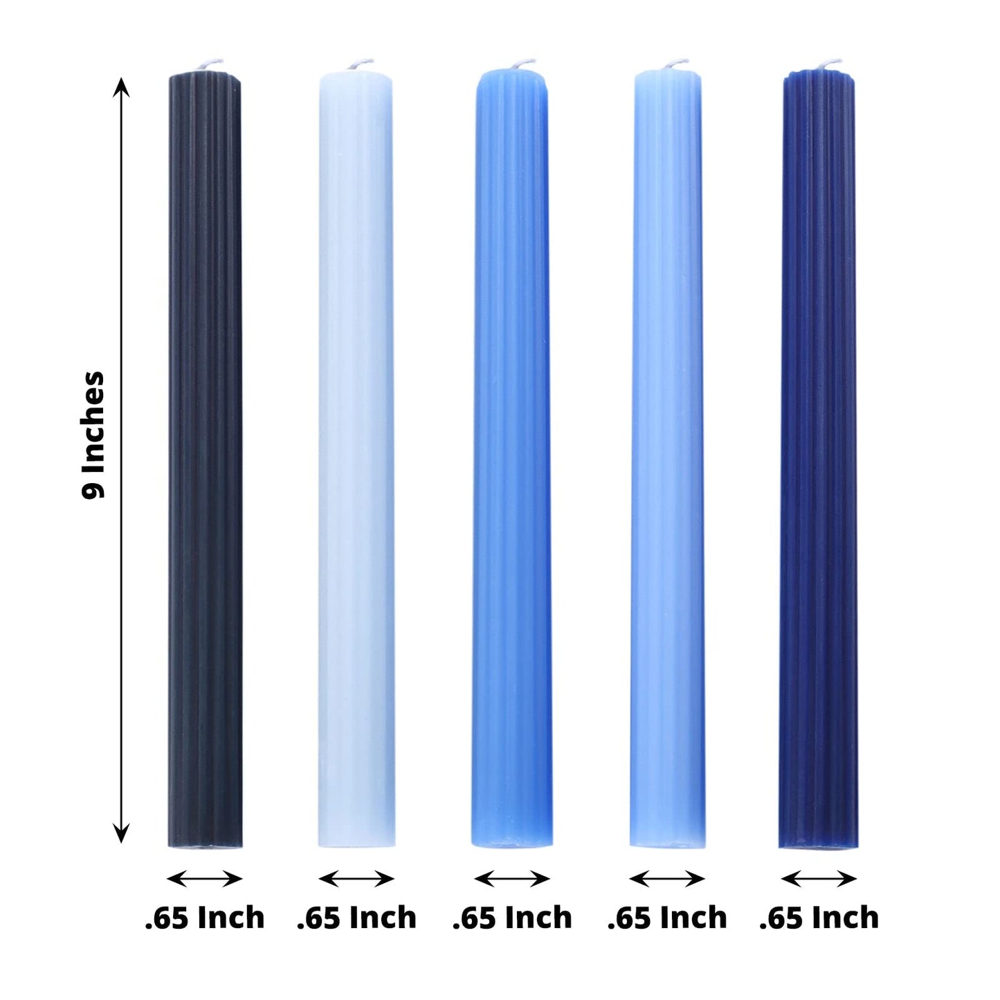 Tableclothsfactory 5 Pack | 9" Assorted Blue Premium Unscented Ribbed Wick Taper Candles, Tall Ribbon Wax Dinner Candles