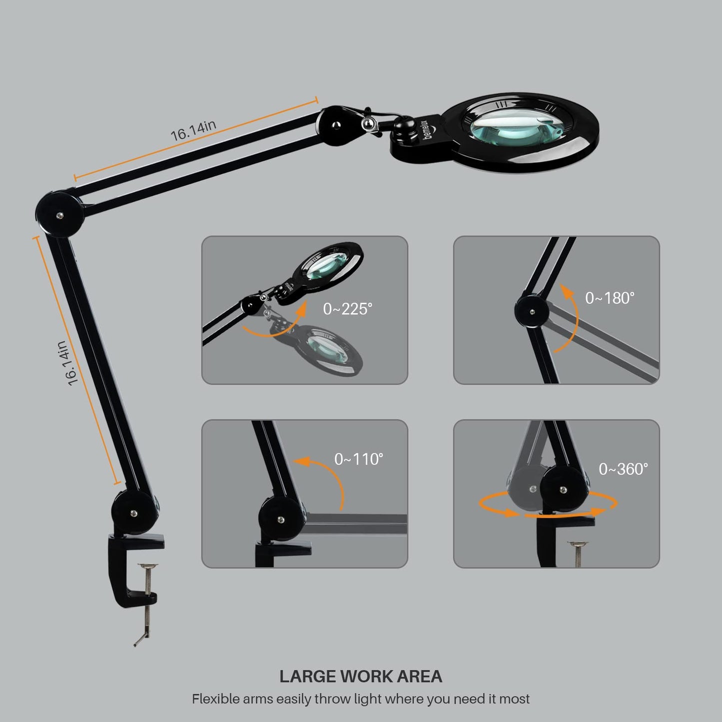 bemelux Bifocals Magnifying Desk Lamp with Clamp, 5 Diopter with 20 Diopter, 6 Inch Detachable Lens and 120PCS LEDs, 3 Color Modes 1200 Lumens Swivel Arm Magnifying Lamp with Light for Crafts (Black)