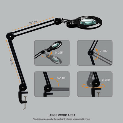 bemelux Bifocals Magnifying Desk Lamp with Clamp, 5 Diopter with 20 Diopter, 6 Inch Detachable Lens and 120PCS LEDs, 3 Color Modes 1200 Lumens Swivel Arm Magnifying Lamp with Light for Crafts (Black)