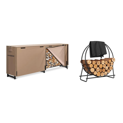 VIVOHOME 8 ft Firewood Rack Outdoor with Cover, Log Holder and Cover Combo Set with Zipper, Brown, with 32-in Firewood Rack Hoop with Cover, Round Log Holder Ring for Indoor Outdoor Patio Deck Porch