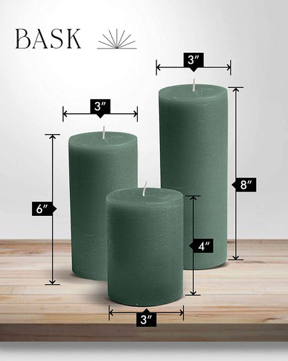 BASK Mottled Dark Green Pillar Candles - Unscented, Dripless, Smokeless Set of 3 for All Occasions