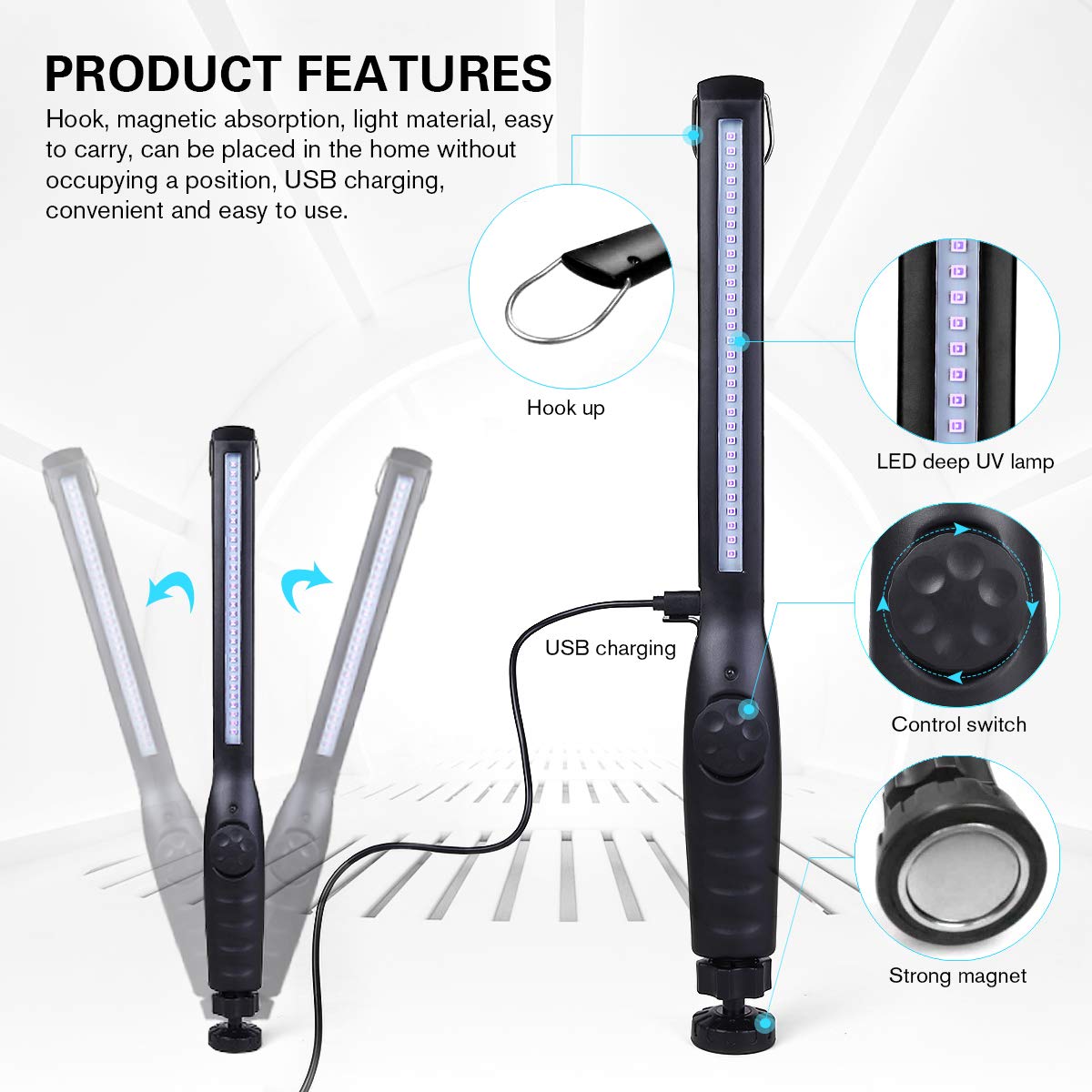 UV Light Sanitizer, Portable UV Light Disinfection Lamp USB Rechargeable Ultraviolet Light Sanitizer for Home Hotel Travel Car Kills 99% of Germs Viruses & Bacteria UV light Sanitizer Wand 1 Pack