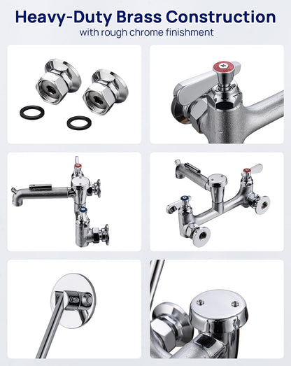 Sepaitek Commercial Mop Sink Faucet 8" Center Wall Mount, Heavy-Duty Service Sink Faucet with Vacuum Breaker 3/4" Hose Thread, for Industrial Outdoor Janitor Floor Mop Sink, Brass Casted Chrome Finish