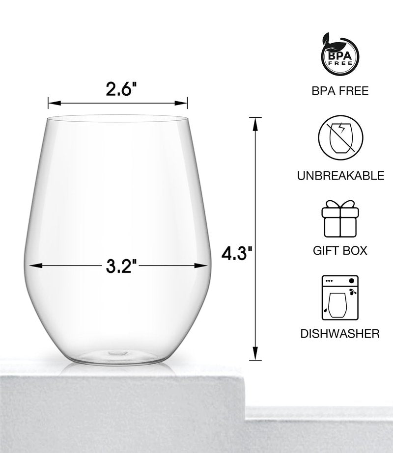 LUNA & MANTHA Stemless Wine Glasses, Crystal Red White Wine Glasses for Daily Use, Hosting, Home Bar, Evening Party, Birthdays, Shower, Housewarming Gift,Plastic Set of 6 16oz