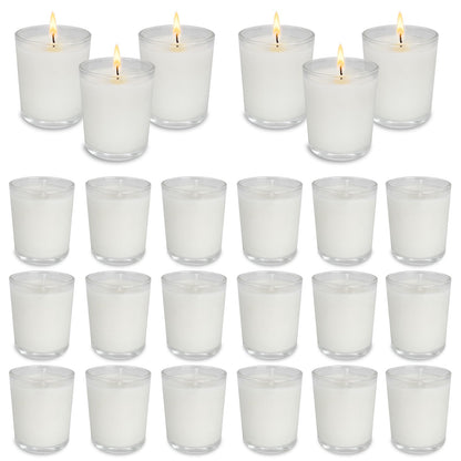 24 Pack White Unscented Clear Glass Filled Votive Candles. Hand Poured Wax Candle Ideal Gifts for Spa Weddings Birthdays Holidays Party.