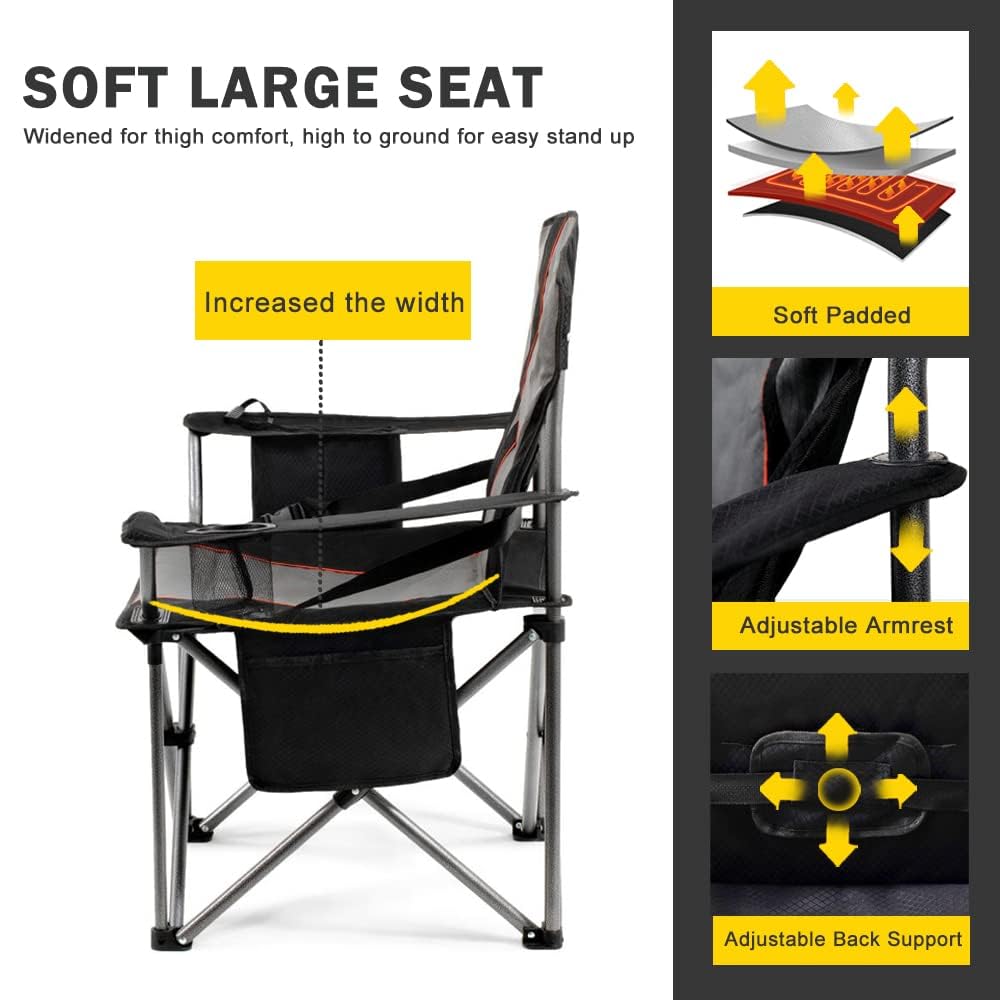 FAIR WIND 2 Pack Fully Padded Oversized Camping Chair Heavy Duty Lawn Chair Set with Adjustable Lumbar Support, Cooler Bag & Cup Holder for Camp, Outdoor,Sports - Support 500LBS