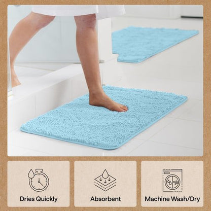 GORILLA GRIP Bath Rug Mat - Thick Soft Absorbent Chenille | Quick-Dry Microfiber, 24x17, Sky Blue