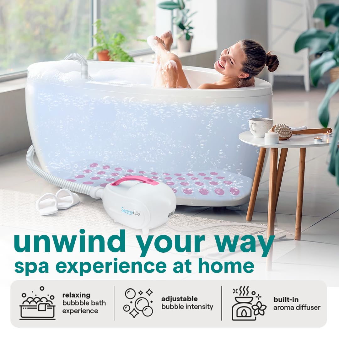 SereneLife Bubble Bath Mat - Portable Spa Bubble Bath Massager with Waterproof Bath Light & Pillow, Adjustable Bubble Intensity, Easy Button Control, Remote Control (Pink)
