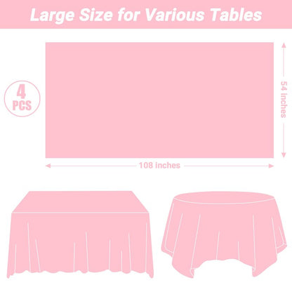 4 PCS Plastic Table Cloth Disposable, 54 x 108 Inches Pink Tablecloth, Plastic Table Cover Rectangle Tablecloth for Baby Shower Decorations and Wedding Party, Tablecloths of Leakproof Home Essentials