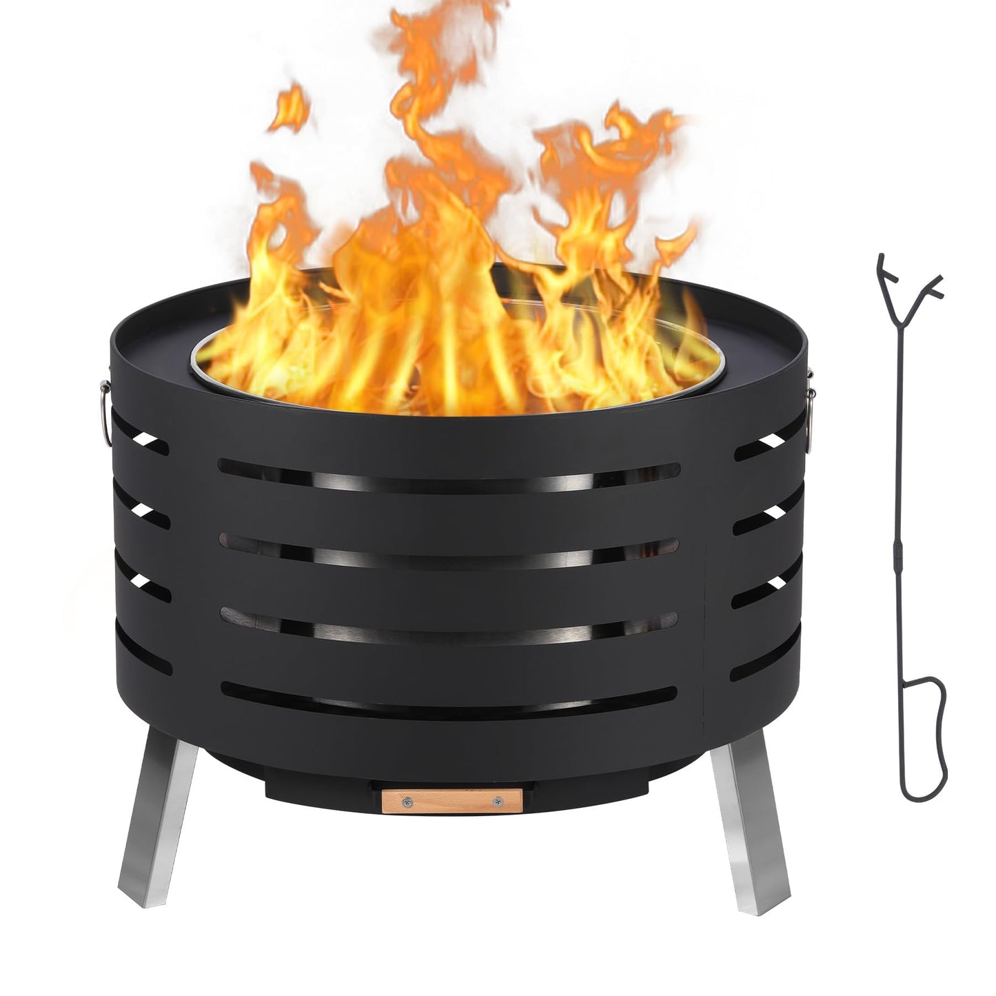 30 Inch Smokeless Outdoor Fire Pit, Outdoor Firepit Table with Removable Ash Pan,Bamboo Lid, Rainproof Cover,Portable Metal Firepit for Patio, Backyard, Camping