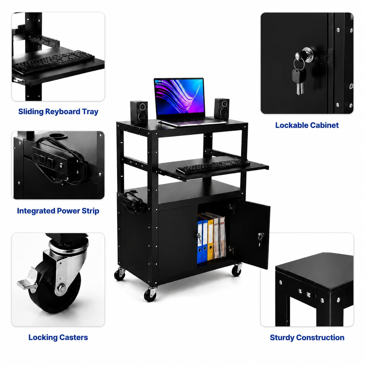 GarveeLife Portable AV Cart with Locking Storage Cabinet, Adjustable Laptop Stand & Drop Leaves, Rolling Workstation with Power Outlets for Classroom, Office, or Home Use